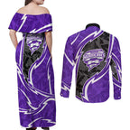 Hobart Hurricanes Couples Matching Off Shoulder Maxi Dress and Long Sleeve Button Shirt Flaming Lightning Storm Geometric Sports Mascot Art