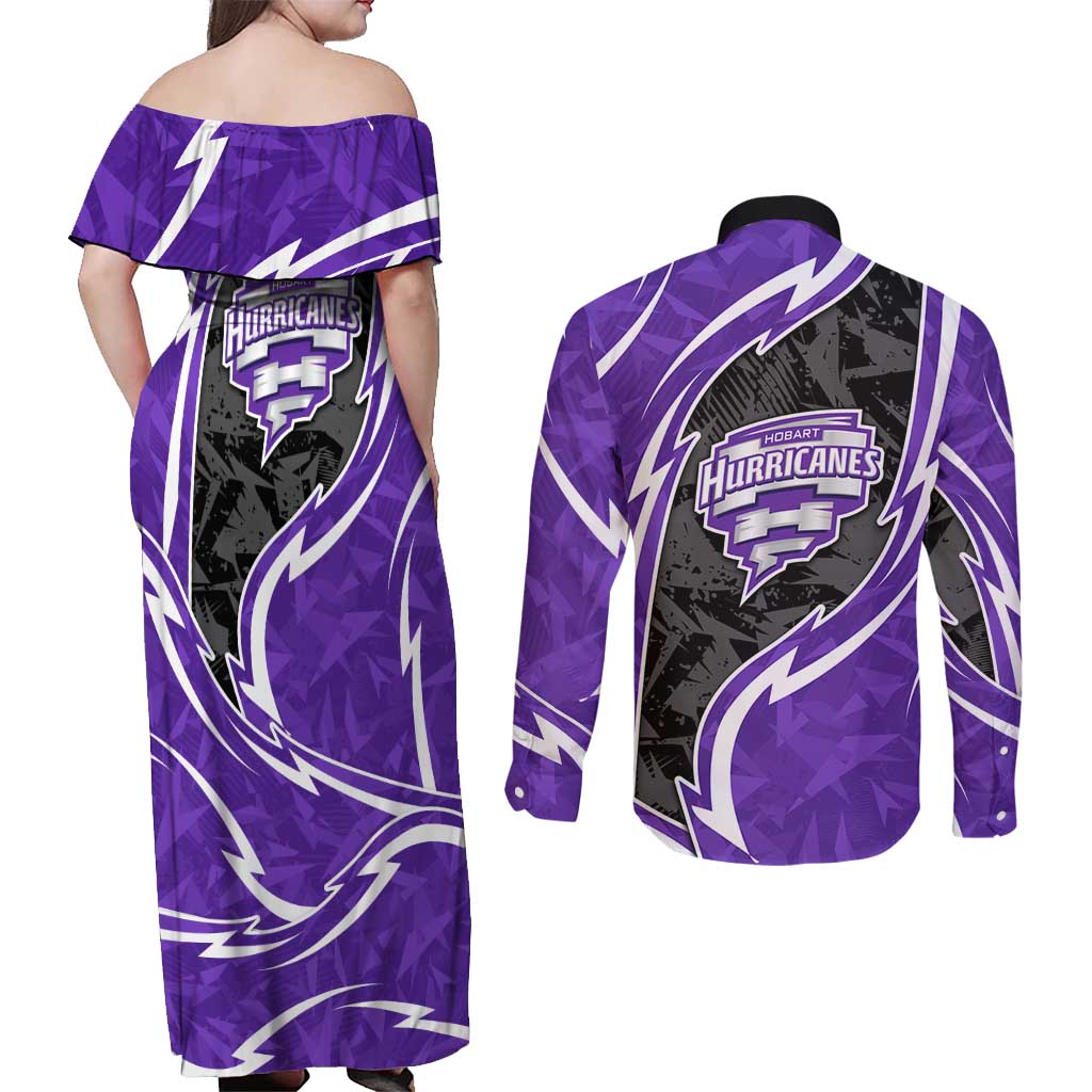 Hobart Hurricanes Couples Matching Off Shoulder Maxi Dress and Long Sleeve Button Shirt Flaming Lightning Storm Geometric Sports Mascot Art