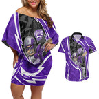 Hobart Hurricanes Couples Matching Off Shoulder Short Dress and Hawaiian Shirt Flaming Lightning Storm Geometric Sports Mascot Art