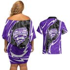 Hobart Hurricanes Couples Matching Off Shoulder Short Dress and Hawaiian Shirt Flaming Lightning Storm Geometric Sports Mascot Art