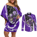 Hobart Hurricanes Couples Matching Off Shoulder Short Dress and Long Sleeve Button Shirt Flaming Lightning Storm Geometric Sports Mascot Art