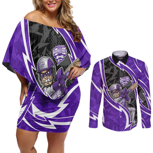 Hobart Hurricanes Couples Matching Off Shoulder Short Dress and Long Sleeve Button Shirt Flaming Lightning Storm Geometric Sports Mascot Art