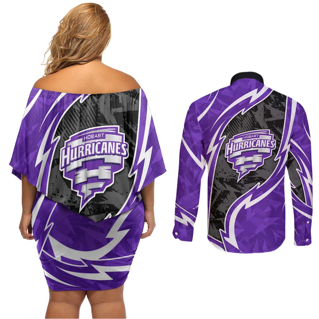 Hobart Hurricanes Couples Matching Off Shoulder Short Dress and Long Sleeve Button Shirt Flaming Lightning Storm Geometric Sports Mascot Art