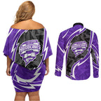 Hobart Hurricanes Couples Matching Off Shoulder Short Dress and Long Sleeve Button Shirt Flaming Lightning Storm Geometric Sports Mascot Art