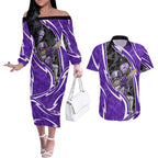 Hobart Hurricanes Couples Matching Off The Shoulder Long Sleeve Dress and Hawaiian Shirt Flaming Lightning Storm Geometric Sports Mascot Art