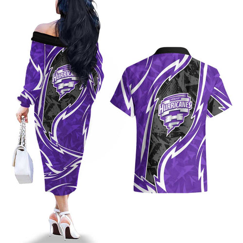 Hobart Hurricanes Couples Matching Off The Shoulder Long Sleeve Dress and Hawaiian Shirt Flaming Lightning Storm Geometric Sports Mascot Art