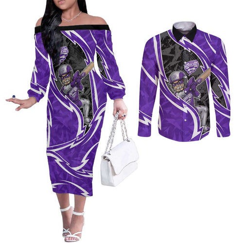 Hobart Hurricanes Couples Matching Off The Shoulder Long Sleeve Dress and Long Sleeve Button Shirt Flaming Lightning Storm Geometric Sports Mascot Art