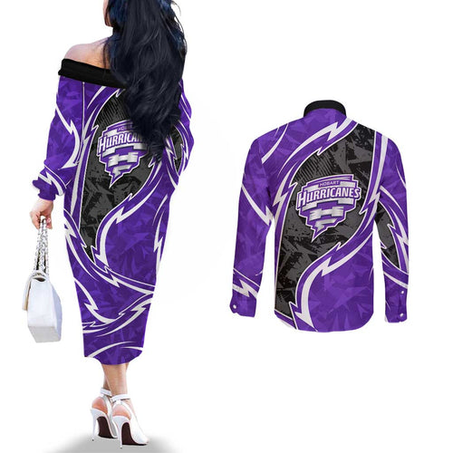 Hobart Hurricanes Couples Matching Off The Shoulder Long Sleeve Dress and Long Sleeve Button Shirt Flaming Lightning Storm Geometric Sports Mascot Art