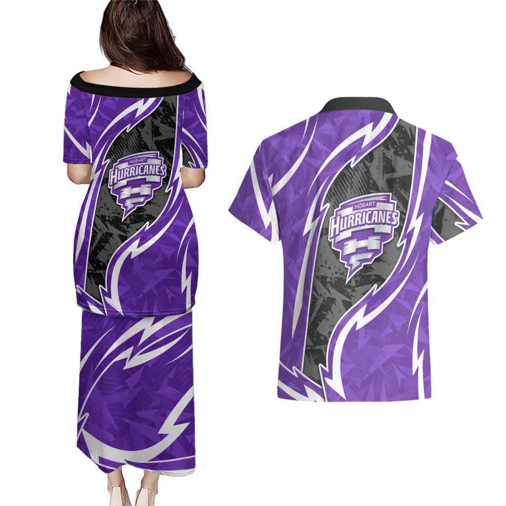 Hobart Hurricanes Couples Matching Puletasi and Hawaiian Shirt Flaming Lightning Storm Geometric Sports Mascot Art