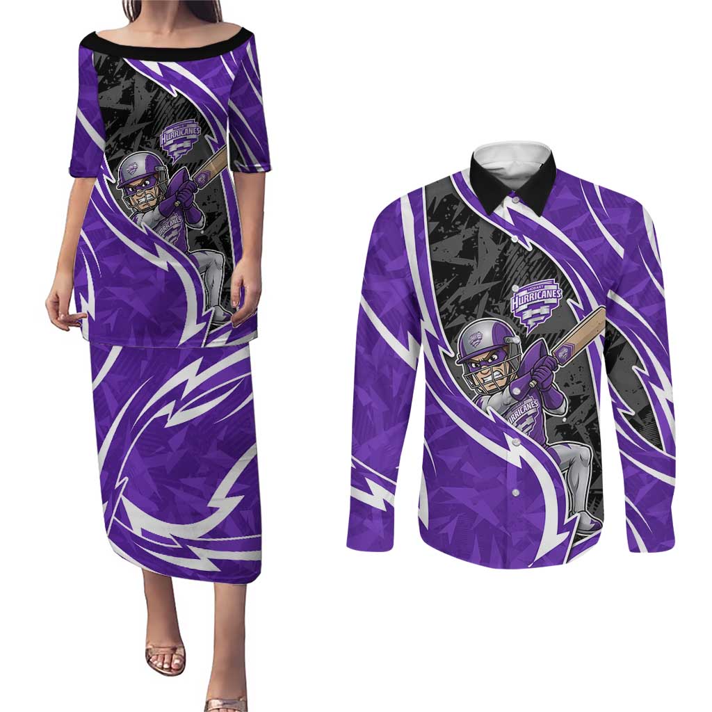 Hobart Hurricanes Couples Matching Puletasi and Long Sleeve Button Shirt Flaming Lightning Storm Geometric Sports Mascot Art