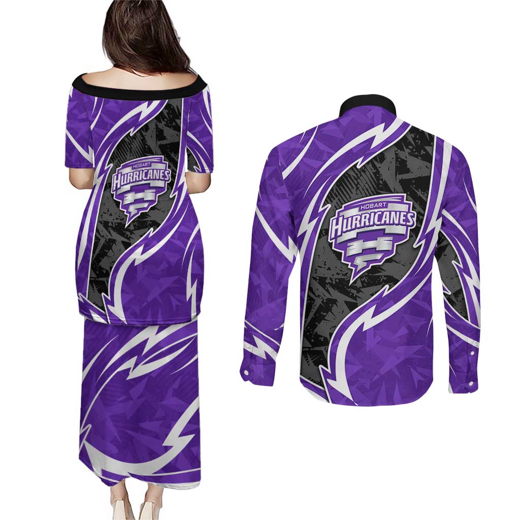 Hobart Hurricanes Couples Matching Puletasi and Long Sleeve Button Shirt Flaming Lightning Storm Geometric Sports Mascot Art