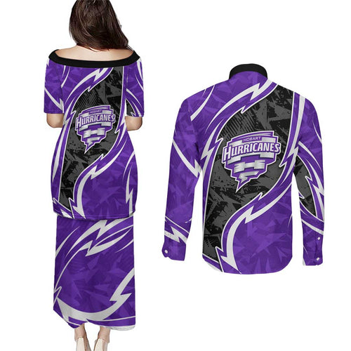 Hobart Hurricanes Couples Matching Puletasi and Long Sleeve Button Shirt Flaming Lightning Storm Geometric Sports Mascot Art
