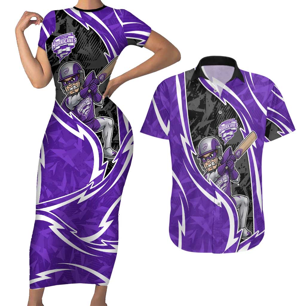 Hobart Hurricanes Couples Matching Short Sleeve Bodycon Dress and Hawaiian Shirt Flaming Lightning Storm Geometric Sports Mascot Art