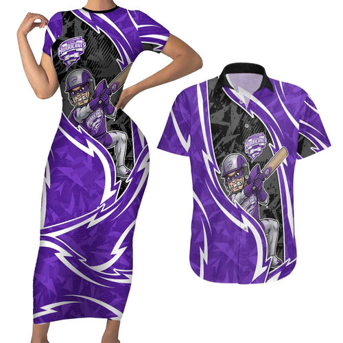 Hobart Hurricanes Couples Matching Short Sleeve Bodycon Dress and Hawaiian Shirt Flaming Lightning Storm Geometric Sports Mascot Art