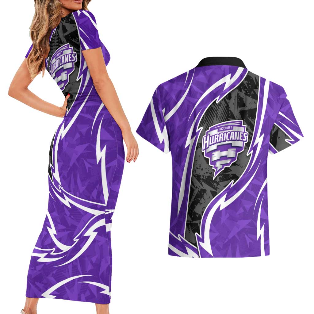 Hobart Hurricanes Couples Matching Short Sleeve Bodycon Dress and Hawaiian Shirt Flaming Lightning Storm Geometric Sports Mascot Art
