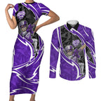 Hobart Hurricanes Couples Matching Short Sleeve Bodycon Dress and Long Sleeve Button Shirt Flaming Lightning Storm Geometric Sports Mascot Art