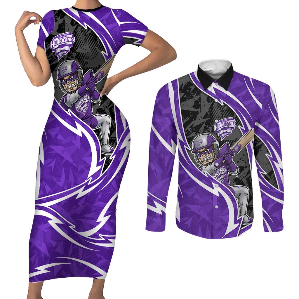 Hobart Hurricanes Couples Matching Short Sleeve Bodycon Dress and Long Sleeve Button Shirt Flaming Lightning Storm Geometric Sports Mascot Art