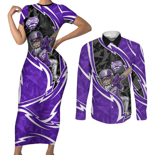 Hobart Hurricanes Couples Matching Short Sleeve Bodycon Dress and Long Sleeve Button Shirt Flaming Lightning Storm Geometric Sports Mascot Art