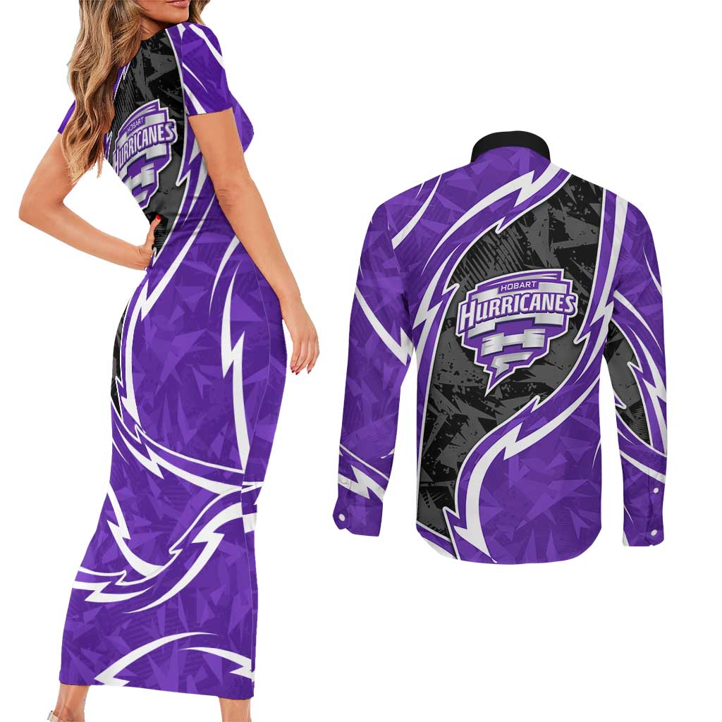 Hobart Hurricanes Couples Matching Short Sleeve Bodycon Dress and Long Sleeve Button Shirt Flaming Lightning Storm Geometric Sports Mascot Art