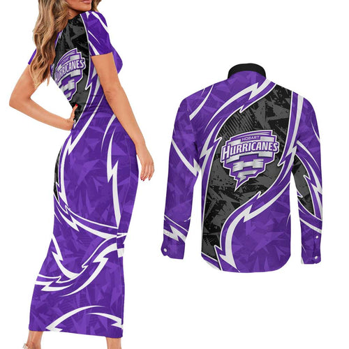 Hobart Hurricanes Couples Matching Short Sleeve Bodycon Dress and Long Sleeve Button Shirt Flaming Lightning Storm Geometric Sports Mascot Art