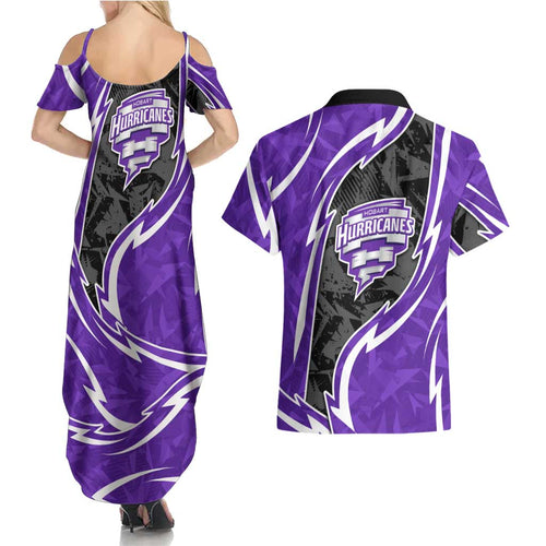Hobart Hurricanes Couples Matching Summer Maxi Dress and Hawaiian Shirt Flaming Lightning Storm Geometric Sports Mascot Art