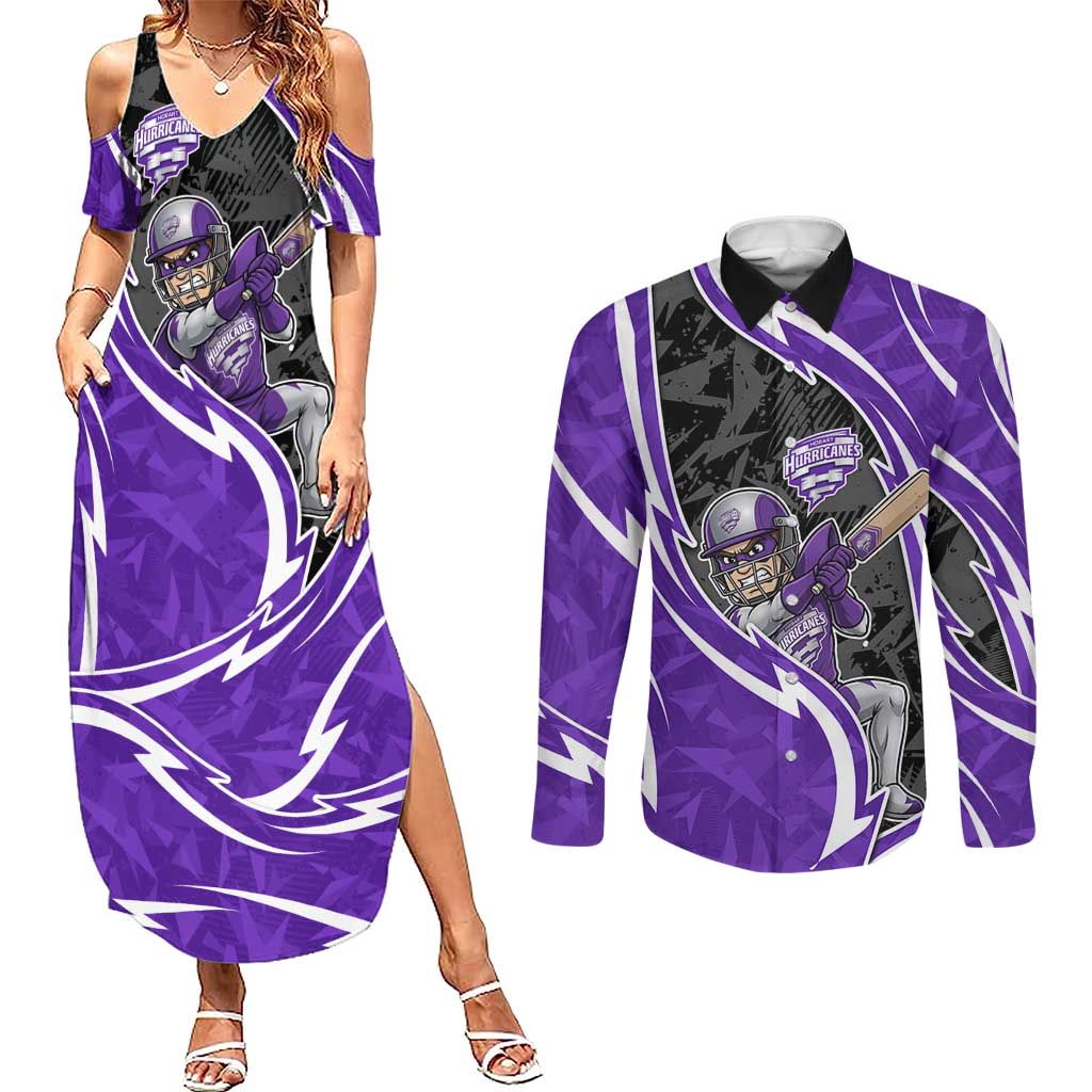 Hobart Hurricanes Couples Matching Summer Maxi Dress and Long Sleeve Button Shirt Flaming Lightning Storm Geometric Sports Mascot Art