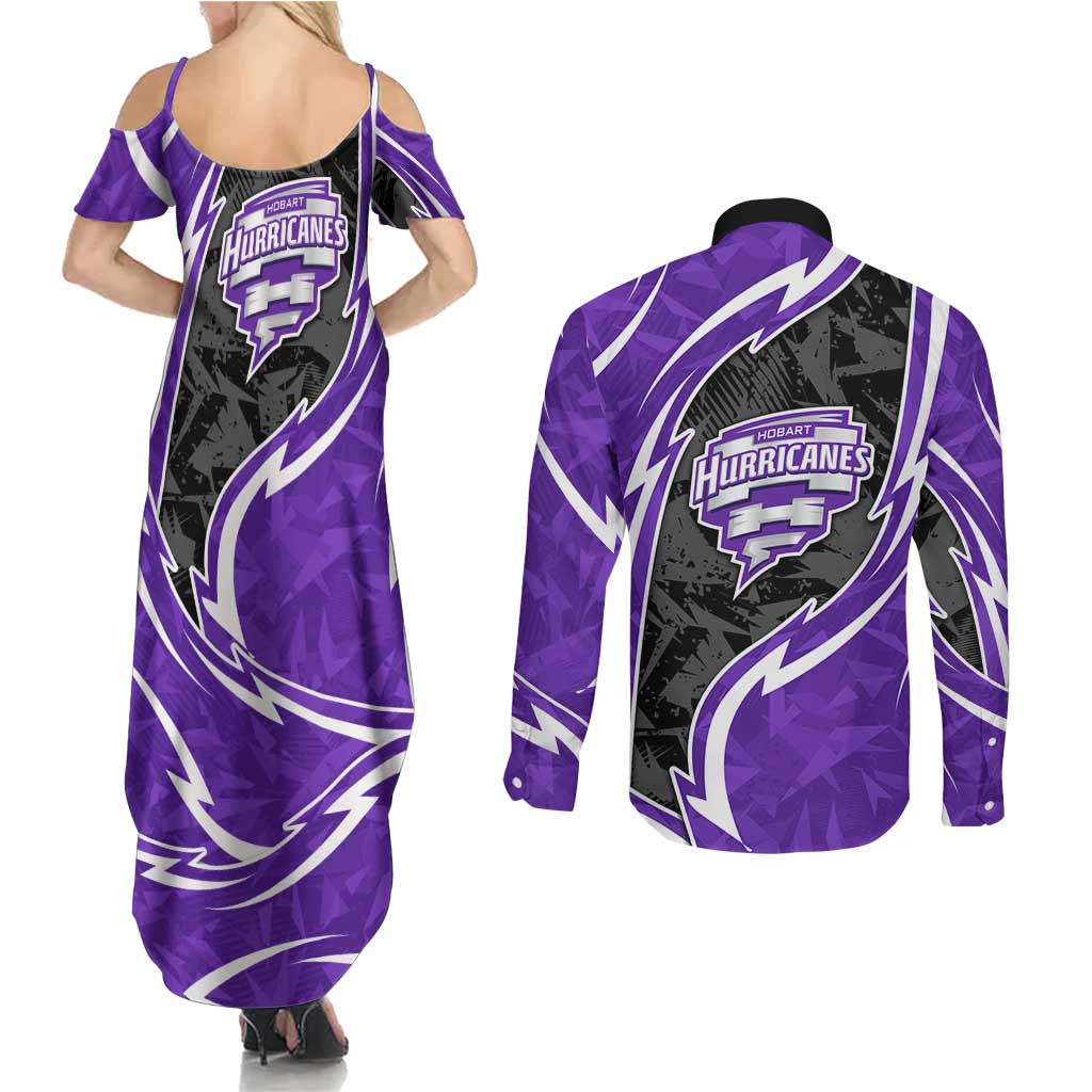 Hobart Hurricanes Couples Matching Summer Maxi Dress and Long Sleeve Button Shirt Flaming Lightning Storm Geometric Sports Mascot Art