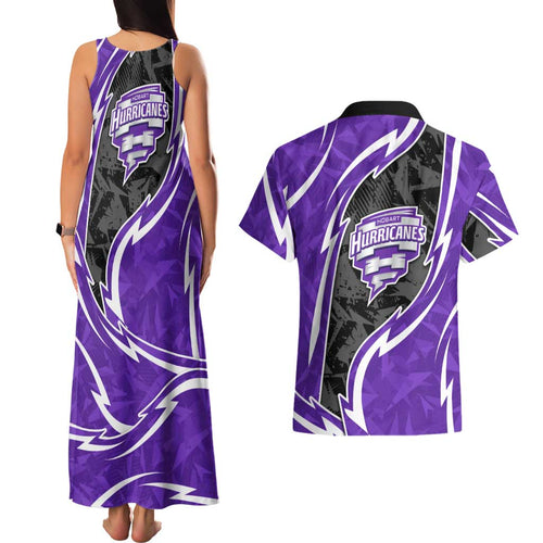 Hobart Hurricanes Couples Matching Tank Maxi Dress and Hawaiian Shirt Flaming Lightning Storm Geometric Sports Mascot Art