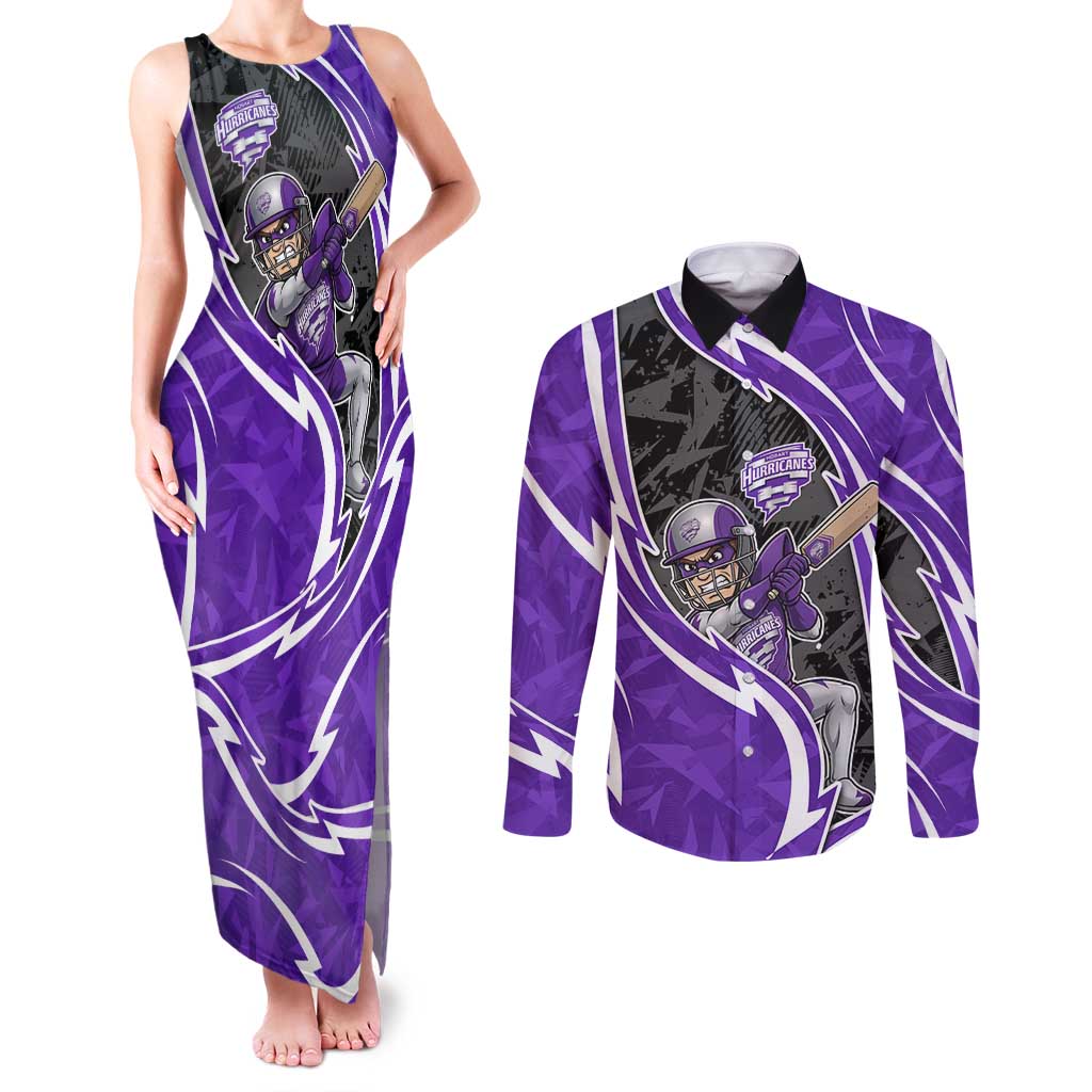 Hobart Hurricanes Couples Matching Tank Maxi Dress and Long Sleeve Button Shirt Flaming Lightning Storm Geometric Sports Mascot Art