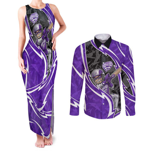 Hobart Hurricanes Couples Matching Tank Maxi Dress and Long Sleeve Button Shirt Flaming Lightning Storm Geometric Sports Mascot Art