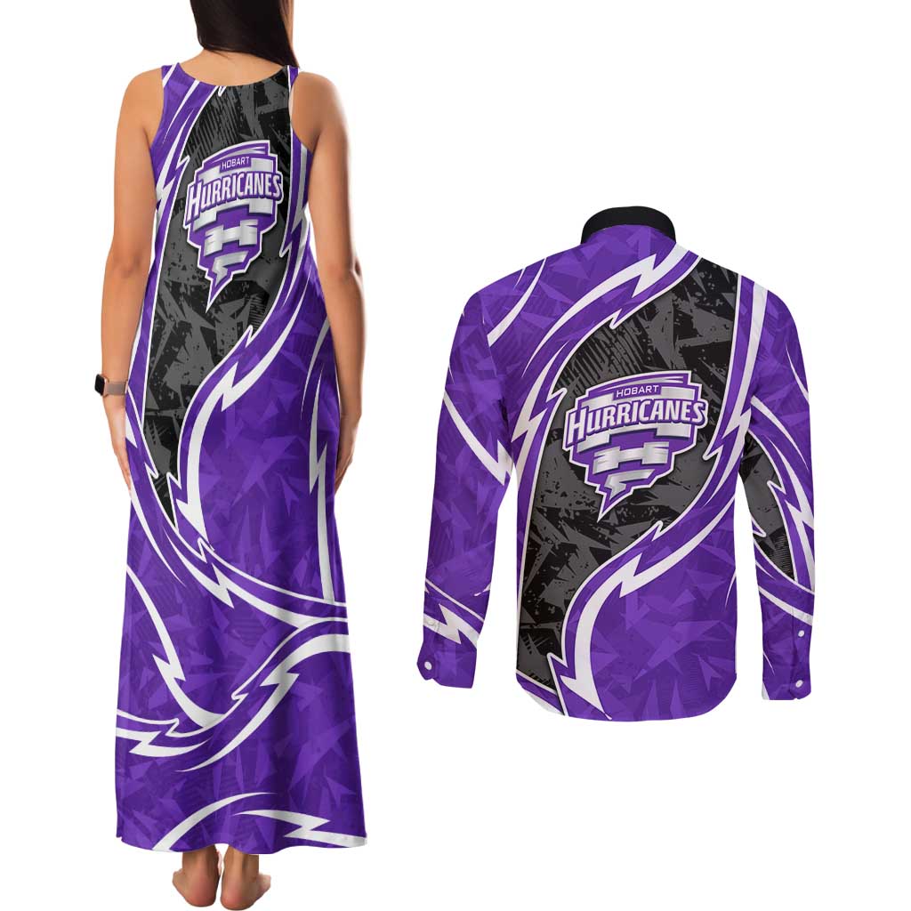 Hobart Hurricanes Couples Matching Tank Maxi Dress and Long Sleeve Button Shirt Flaming Lightning Storm Geometric Sports Mascot Art