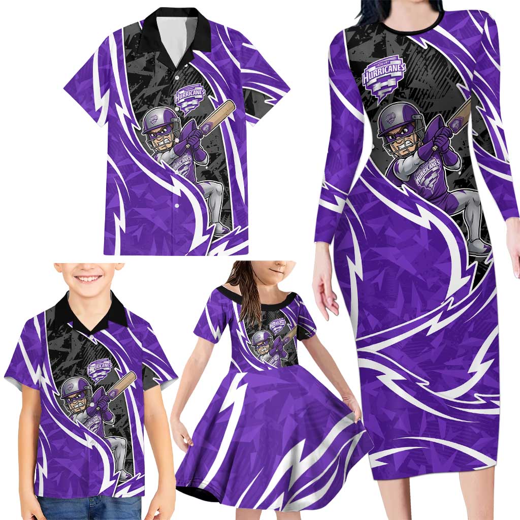 Hobart Hurricanes Family Matching Long Sleeve Bodycon Dress and Hawaiian Shirt Flaming Lightning Storm Geometric Sports Mascot Art