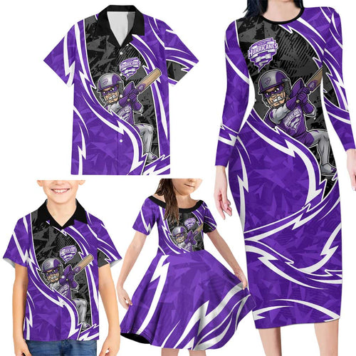 Hobart Hurricanes Family Matching Long Sleeve Bodycon Dress and Hawaiian Shirt Flaming Lightning Storm Geometric Sports Mascot Art