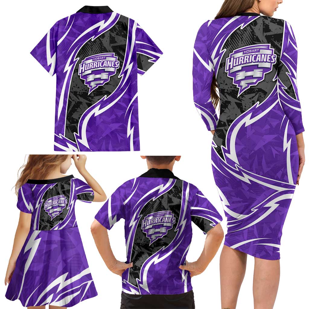 Hobart Hurricanes Family Matching Long Sleeve Bodycon Dress and Hawaiian Shirt Flaming Lightning Storm Geometric Sports Mascot Art