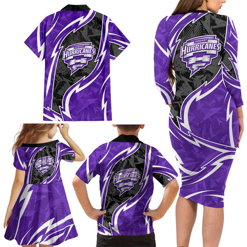Hobart Hurricanes Family Matching Long Sleeve Bodycon Dress and Hawaiian Shirt Flaming Lightning Storm Geometric Sports Mascot Art