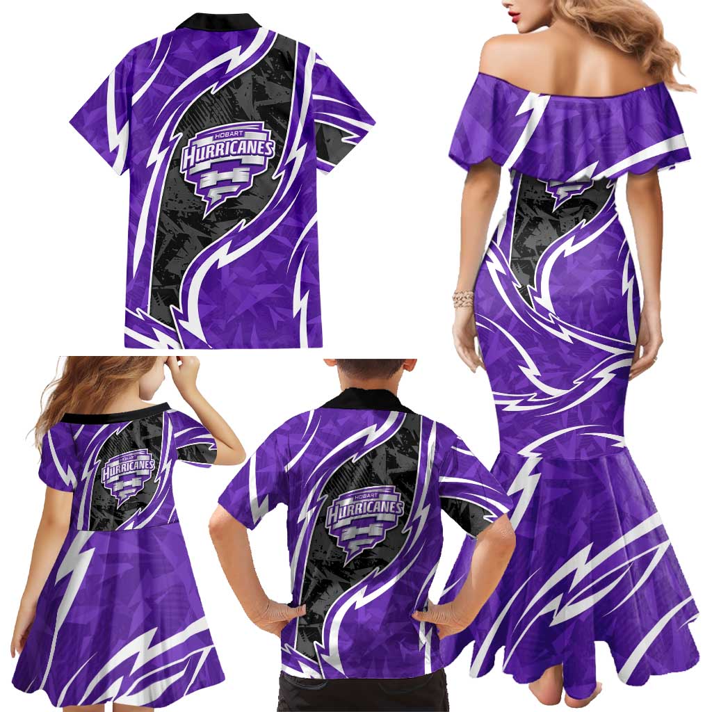 Hobart Hurricanes Family Matching Mermaid Dress and Hawaiian Shirt Flaming Lightning Storm Geometric Sports Mascot Art