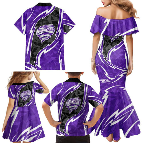 Hobart Hurricanes Family Matching Mermaid Dress and Hawaiian Shirt Flaming Lightning Storm Geometric Sports Mascot Art