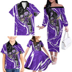 Hobart Hurricanes Family Matching Off The Shoulder Long Sleeve Dress and Hawaiian Shirt Flaming Lightning Storm Geometric Sports Mascot Art