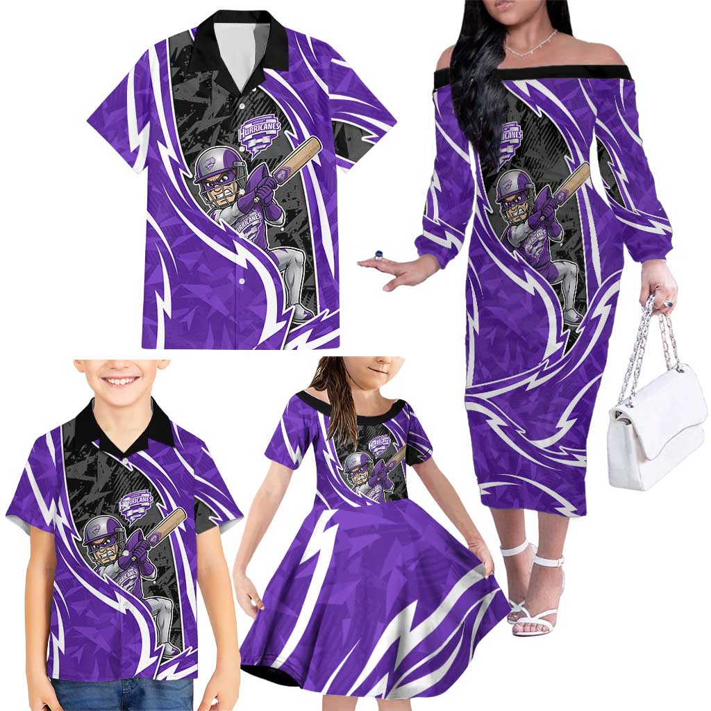 Hobart Hurricanes Family Matching Off The Shoulder Long Sleeve Dress and Hawaiian Shirt Flaming Lightning Storm Geometric Sports Mascot Art