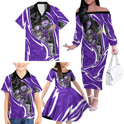 Hobart Hurricanes Family Matching Off The Shoulder Long Sleeve Dress and Hawaiian Shirt Flaming Lightning Storm Geometric Sports Mascot Art