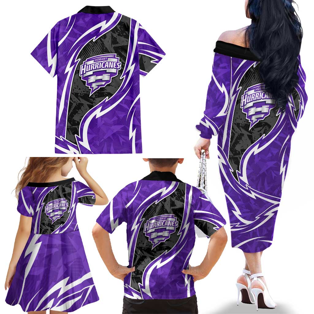 Hobart Hurricanes Family Matching Off The Shoulder Long Sleeve Dress and Hawaiian Shirt Flaming Lightning Storm Geometric Sports Mascot Art