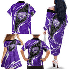 Hobart Hurricanes Family Matching Off The Shoulder Long Sleeve Dress and Hawaiian Shirt Flaming Lightning Storm Geometric Sports Mascot Art