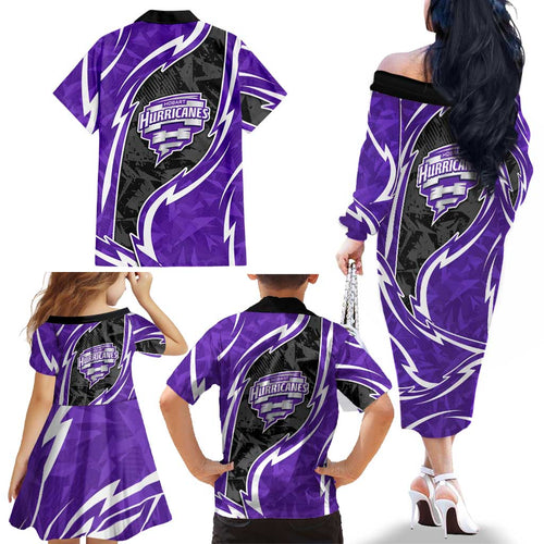 Hobart Hurricanes Family Matching Off The Shoulder Long Sleeve Dress and Hawaiian Shirt Flaming Lightning Storm Geometric Sports Mascot Art