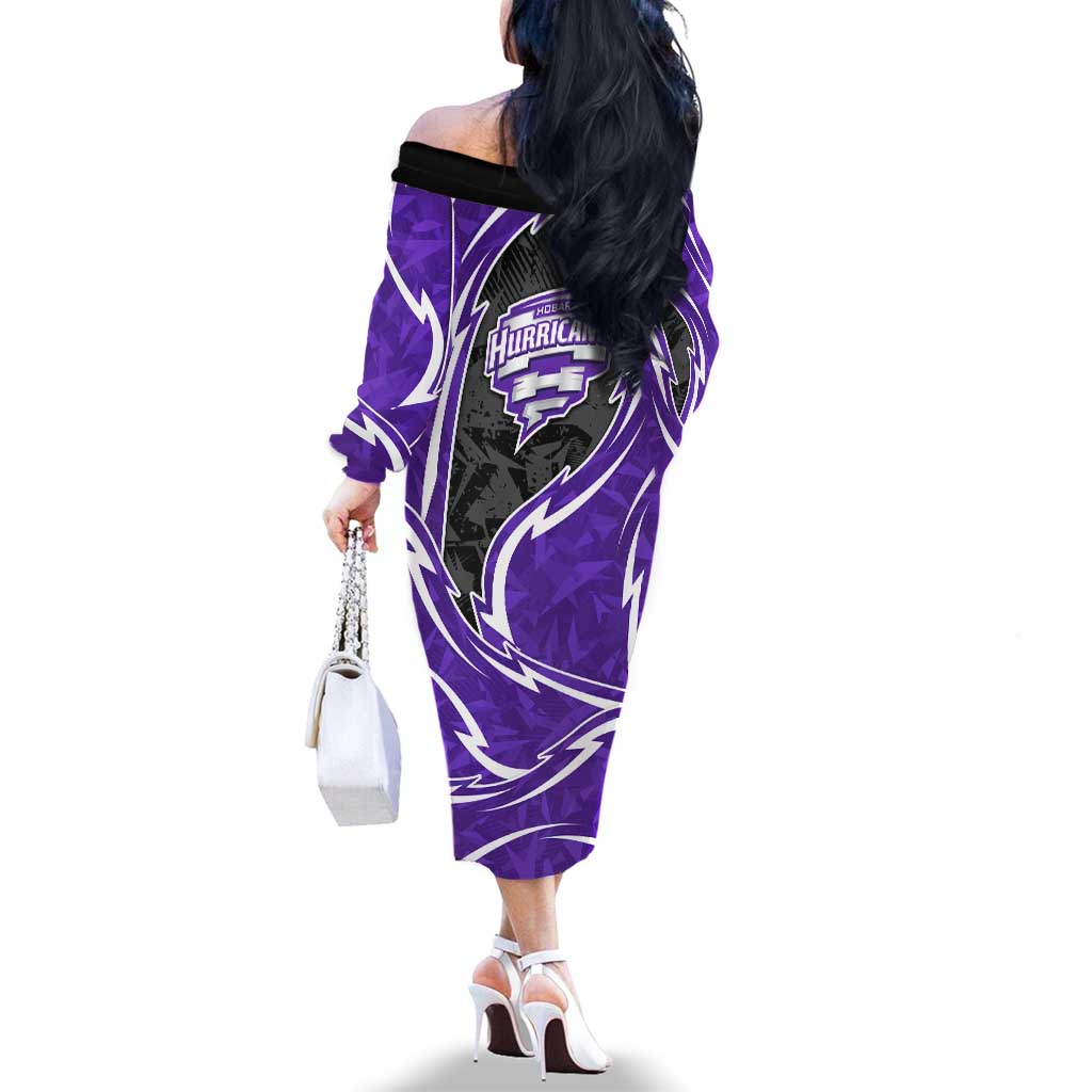 Hobart Hurricanes Family Matching Off The Shoulder Long Sleeve Dress and Hawaiian Shirt Flaming Lightning Storm Geometric Sports Mascot Art