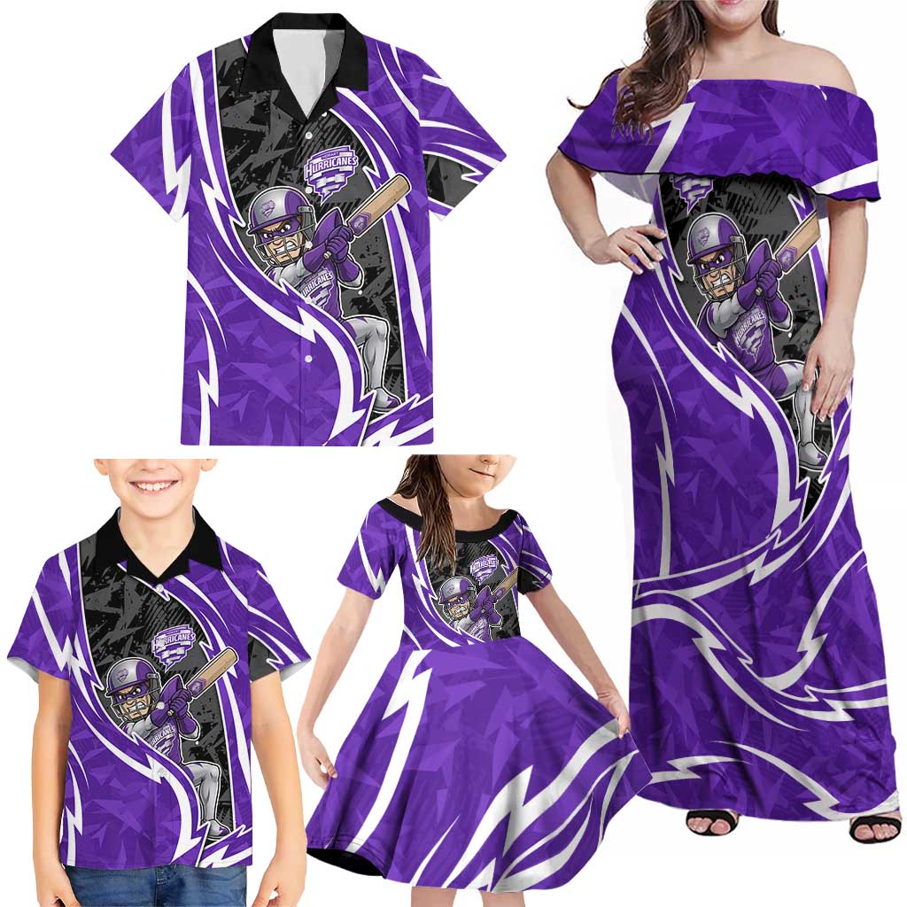 Hobart Hurricanes Family Matching Off Shoulder Maxi Dress and Hawaiian Shirt Flaming Lightning Storm Geometric Sports Mascot Art