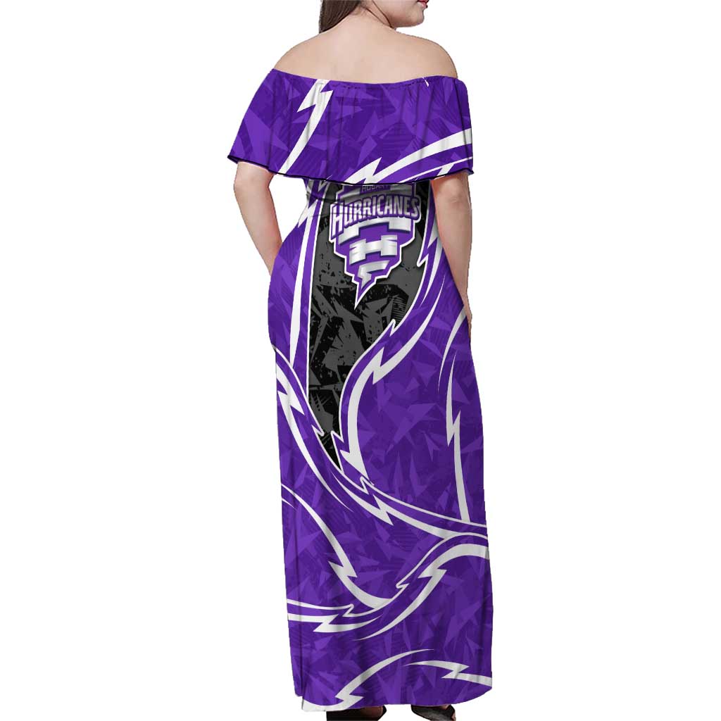 Hobart Hurricanes Family Matching Off Shoulder Maxi Dress and Hawaiian Shirt Flaming Lightning Storm Geometric Sports Mascot Art