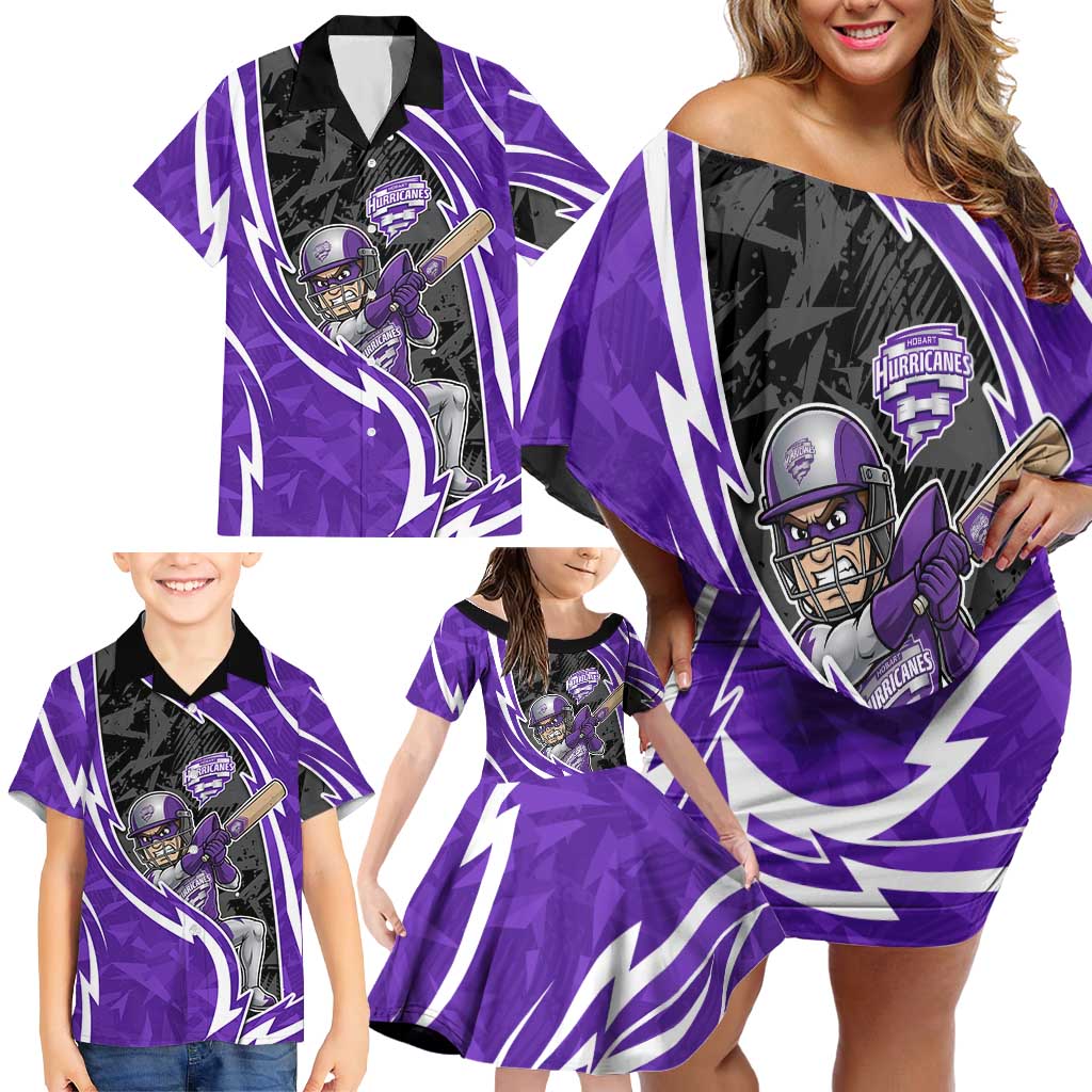 Hobart Hurricanes Family Matching Off Shoulder Short Dress and Hawaiian Shirt Flaming Lightning Storm Geometric Sports Mascot Art