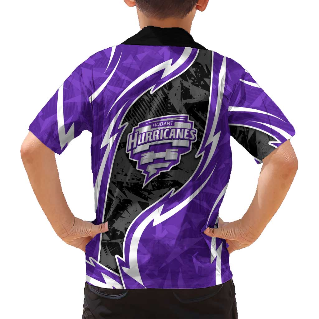 Hobart Hurricanes Family Matching Off Shoulder Short Dress and Hawaiian Shirt Flaming Lightning Storm Geometric Sports Mascot Art