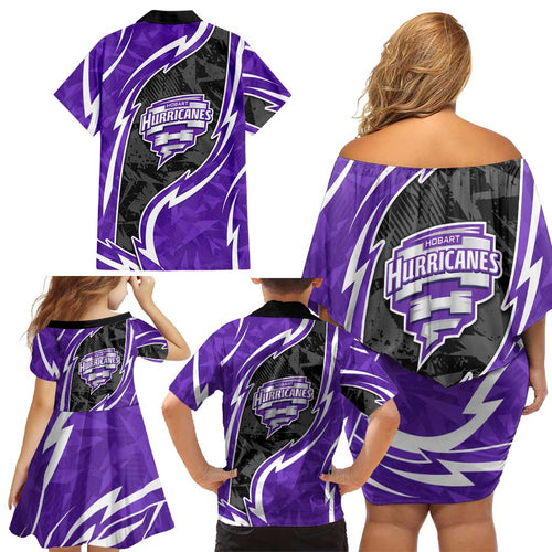 Hobart Hurricanes Family Matching Off Shoulder Short Dress and Hawaiian Shirt Flaming Lightning Storm Geometric Sports Mascot Art