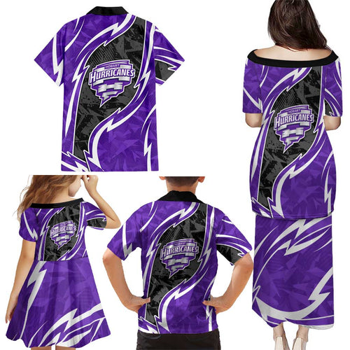 Hobart Hurricanes Family Matching Puletasi and Hawaiian Shirt Flaming Lightning Storm Geometric Sports Mascot Art